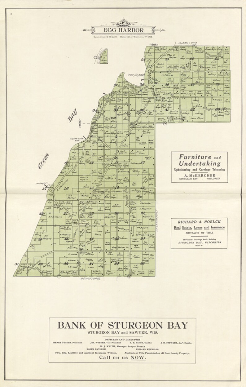1914 Map of Egg Harbor Township Door County Wisconsin Etsy