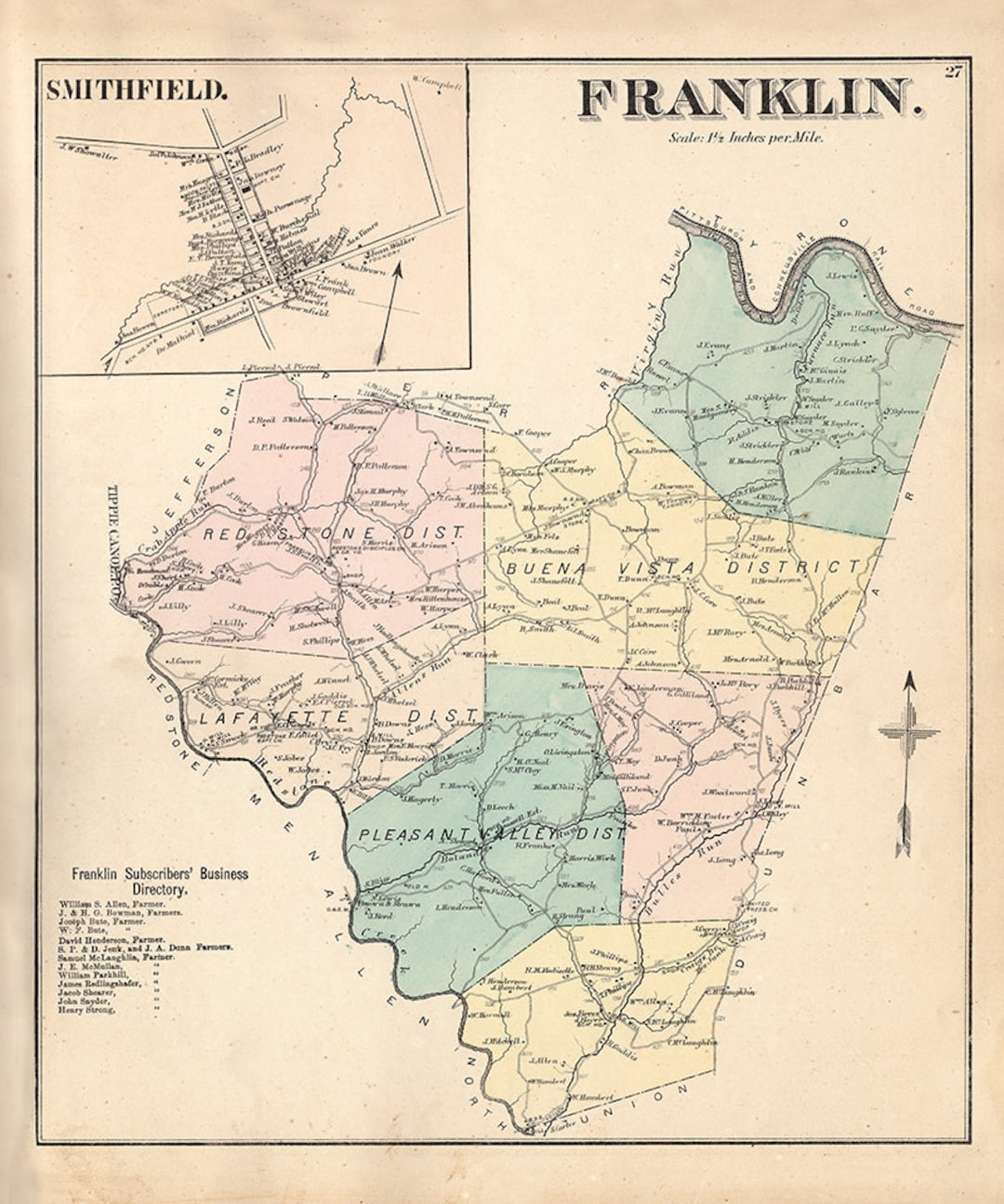 1872 Map of Franklin Township Fayette County PA Smithfield Etsy