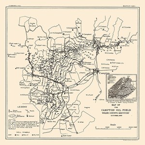 1909 Carte du champ de captage de pétrole de Campton Wolfe County Kentucky