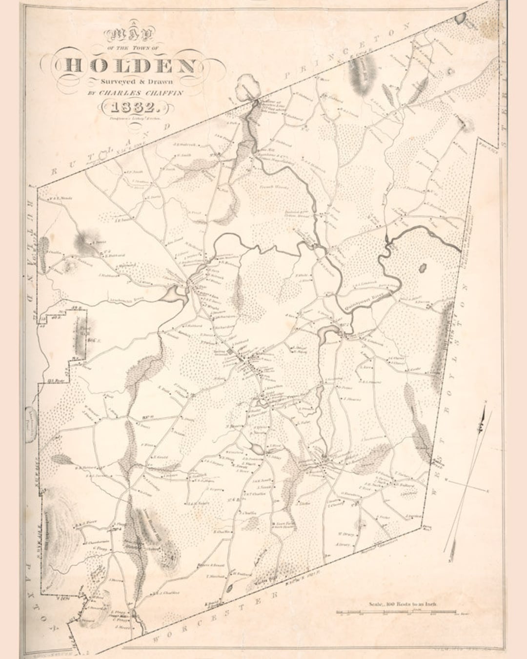 1832 Map of Holden Massachusetts Etsy