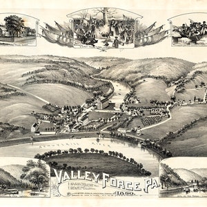 Panoramische kaart uit 1890 van Valley Forge Pennsylvania