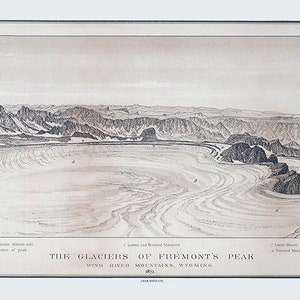 Carte panoramique de 1872 de Fremonts Peak, Wyoming, montagnes de Wind River