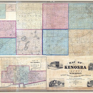 1861 Farm Line Map du comté de Kenosha, Wisconsin