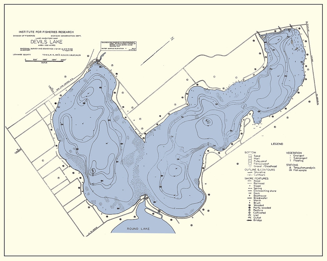 1950 Map of Devils Lake Lenawee County Michigan