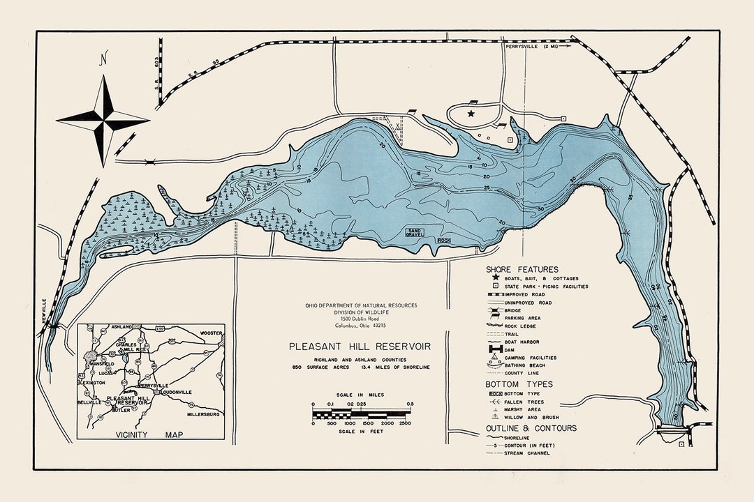 1960 Map of Pleasant Hill Reservoir Richland and Ashland County Ohio Etsy