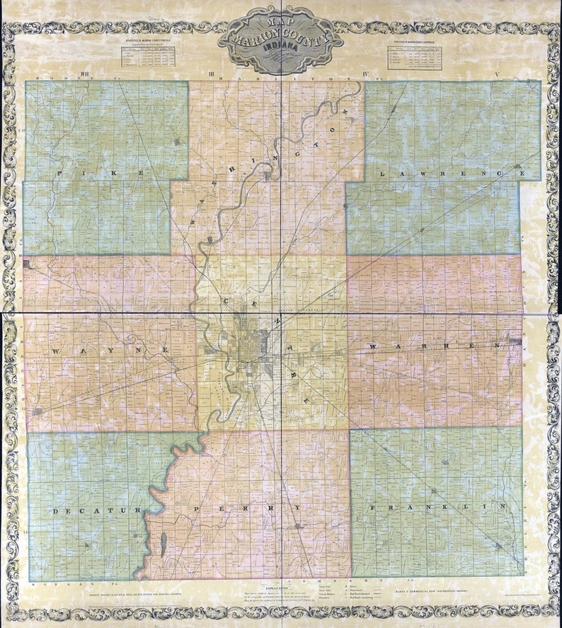 1855 Farm Line Map of Marion County Indiana Indianapolis