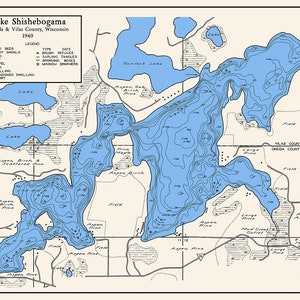 1940 Carte du lac Oneida de Shishebogama et du comté de Vilas, Wisconsin