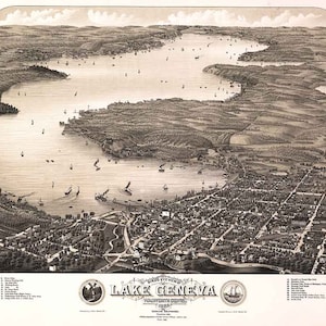 1882 Panorama-Karte vom Genfer See Walwert Wisconsin