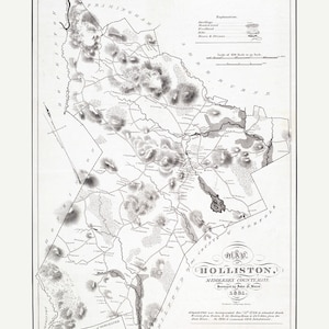 Puede incluir: Un mapa en blanco y negro de Holliston, condado de Middlesex, Massachusetts, levantado por John G. Walker en 1831. El mapa muestra los límites de la ciudad, las carreteras, los ríos y otras características. El texto "Holliston, Middlesex County Mass. Surveyed by John G. Walker 1831." está impreso en el centro del mapa.