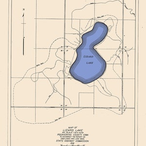 May include: A vintage map of Lizard Lake in Pocahontas County, Iowa, from 1916. The map features a blue-filled lake, contour lines, and grid lines on a beige background. Text includes "Lizard Lake" and details from the State Highway Commission.