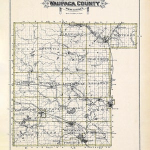 1889 Mapa del condado de Waupaca, Wisconsin
