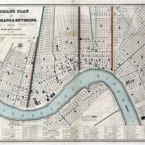 1845 Karte von New Orleans Louisiana Gebäude Farmen