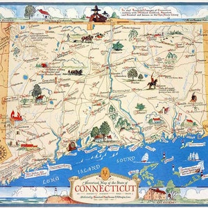 Cartoonkaart uit 1930 van de staat Connecticut