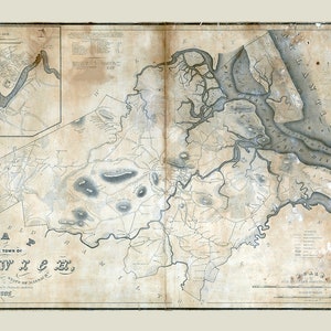 May include: An antique map of the town of Ipswich, Massachusetts, dated 1832. The map shows the town's layout, including roads, rivers, and landmarks. The map is printed on aged paper and has a faded appearance.