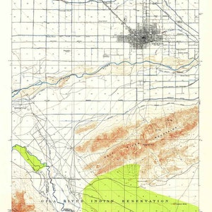 Carte topographique de 1912 Phoenix, Arizona, réserve indienne de Gila River