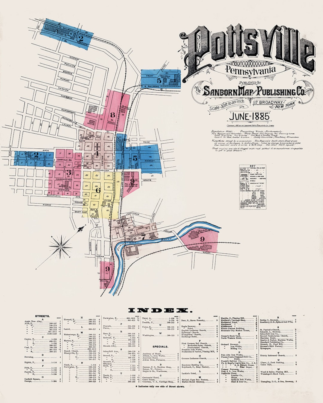1885 Town Map of Pottsville Schuylkill County Pennsylvania Etsy