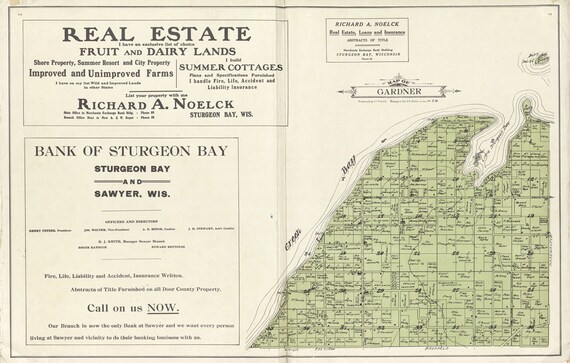 1914 Map of Door County Wisconsin Sturgeon