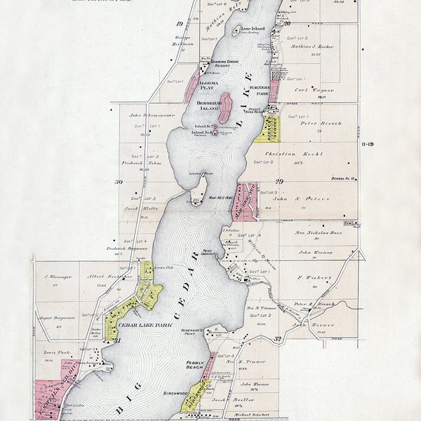 1915 Map of Big Cedar Lake Washington County Wisconsin