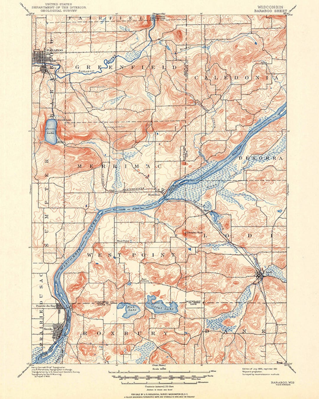 1895 Topo Map of Baraboo Wisconsin Quadrangle - Etsy