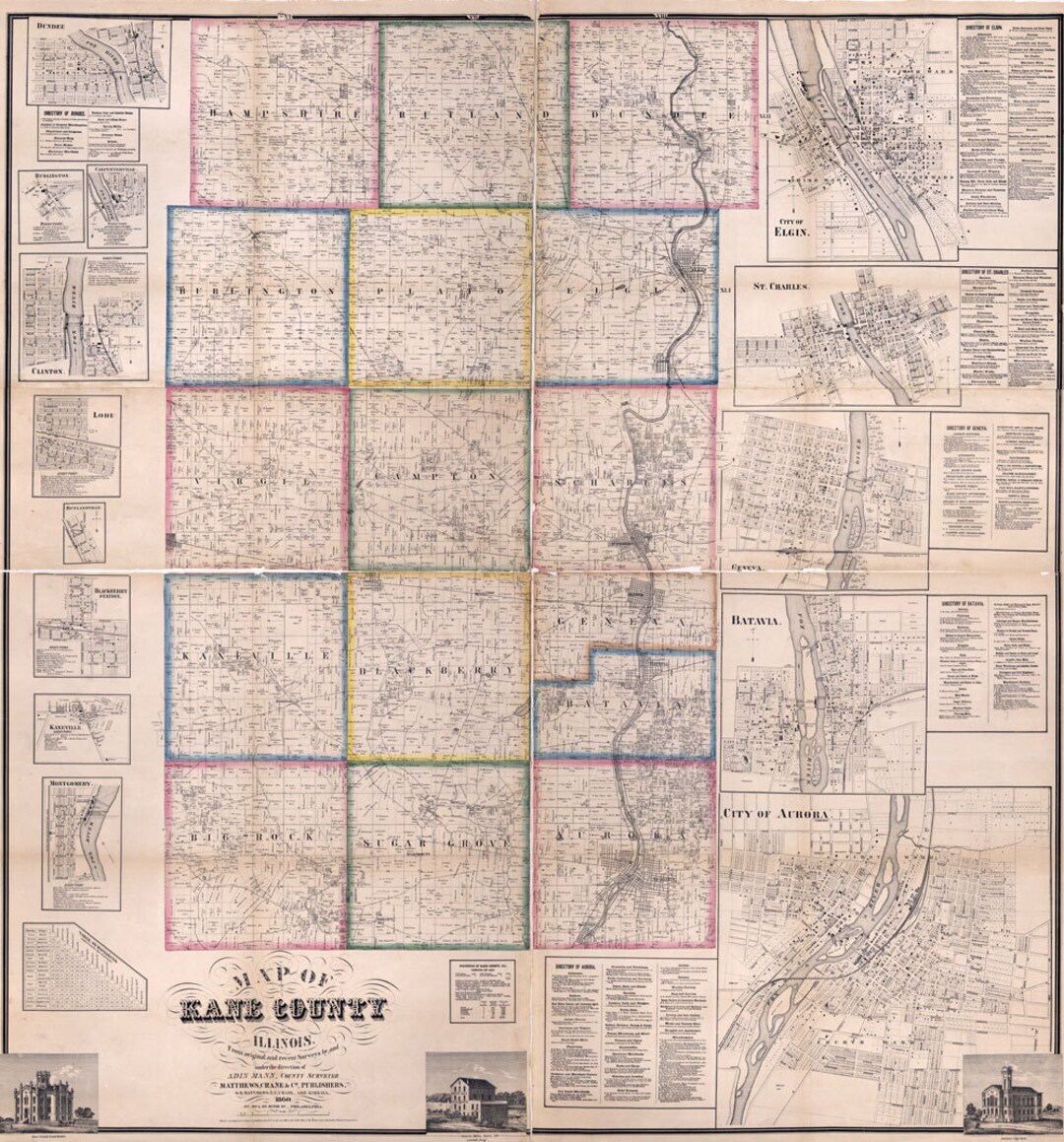 1860 Farm Line Map of Kane County Illinois Aurora Etsy