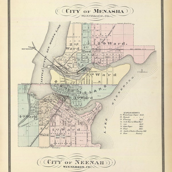 1878 Town Map of Menasha and Neenah Winnebago County Wisconsin