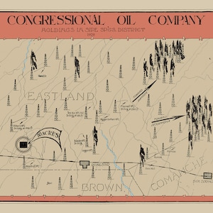 May include: A black and white map showing the holdings of the Congressional Oil Company in the Sipes Springs District of Texas in 1920. The map shows the locations of oil wells and the names of the different areas where the company had holdings. The map also includes the text "10 Acres" and "Congressional Oil Company."