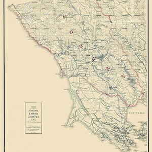1908 Carte du comté de Sonoma et de Marin en Californie