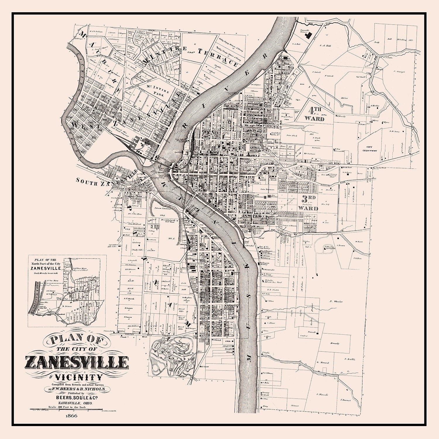 1866 Map of Zanesville Muskingum County Ohio - Etsy, image size:1500x1500
