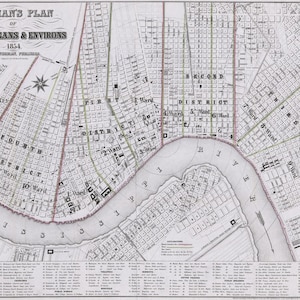 1854 Noormannenkaart van New Orleans, Louisiana en omgeving