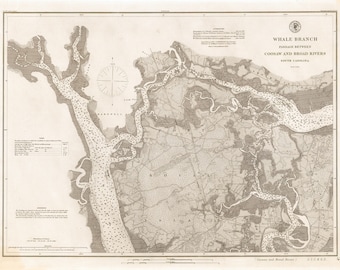May include: A vintage map of the Whale Branch Passage between Coosaw and Broad Rivers in South Carolina. The map is printed in black and white on a cream-colored background. It shows the waterways and surrounding land, with details like depth soundings and vegetation.