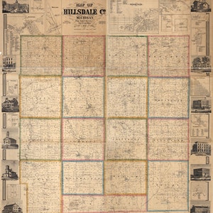 1857 Farm Line Map of Hillsdale County Michigan Jonesville Hillsdale Village