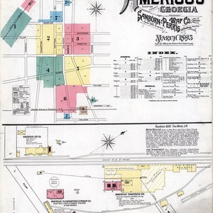 May include: A vintage map of Americus, Georgia, from March 1895, published by Sanborn-Perris Map Co. Limited. The map shows the city's streets, buildings, and businesses, including the Americus Ice Co., Americus Illuminating & Power Co., and Americus Compress Co. The map is divided into nine sections, each with a different colour.