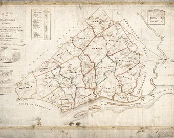 Könnte beinhalten: Eine Vintage-Karte von Delaware County, Pennsylvania, die die Grenzen der verschiedenen Townships zeigt. Die Karte ist in schwarzer Tinte auf cremefarbenem Papier gezeichnet. Der Titel der Karte lautet "Map of Delaware County."
