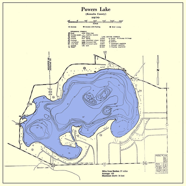 1970 Map of Powers Lake Kenosha County Wisconsin Etsy UK