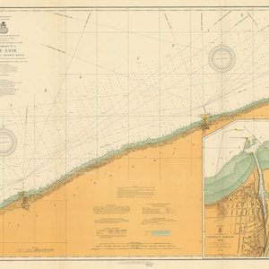 May include: A vintage nautical chart of Lake Erie, showing the coastline and surrounding waters. The chart is printed on a cream-colored paper with blue and green lines and text. The chart includes a compass rose and a scale bar. The chart is titled "Chart Chart No. 1 Lake Erie, Conneaut to Grand River"