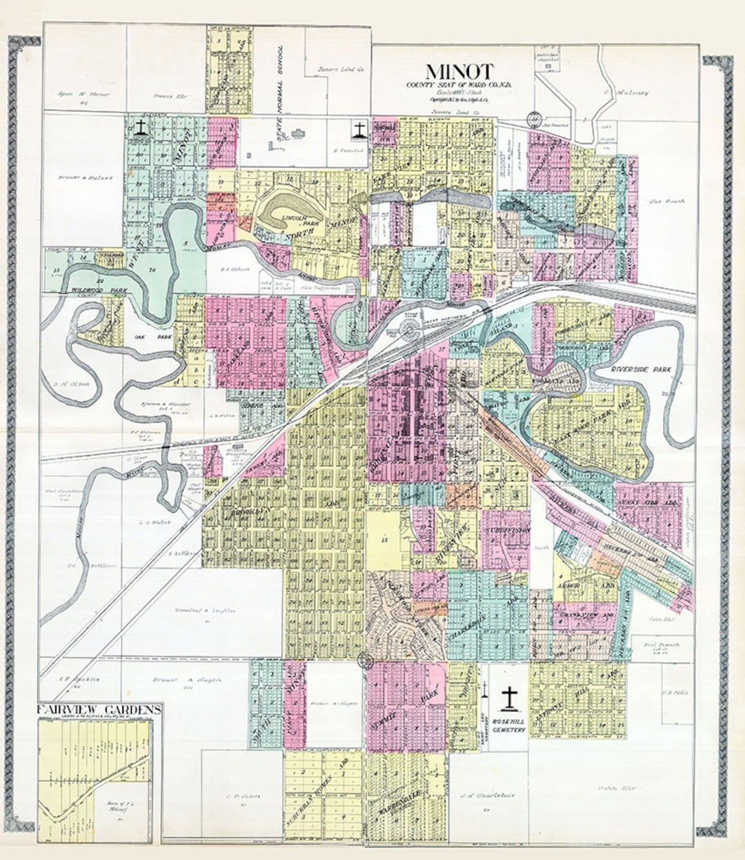 1915 Map of Minot Ward County North Dakota