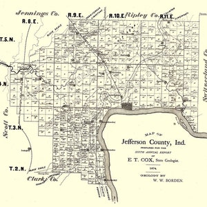 1874, carte du comté de Jefferson, Indiana