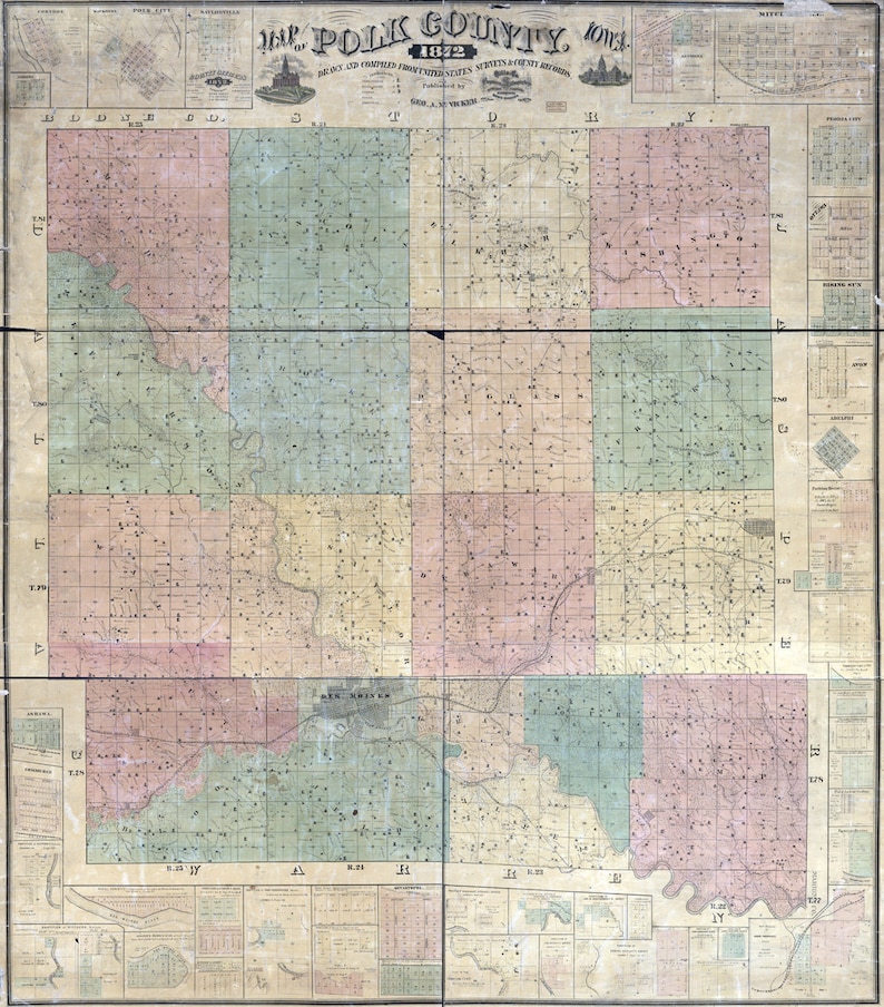 1872 Farm Line Map of Polk County Iowa Des Moines Etsy