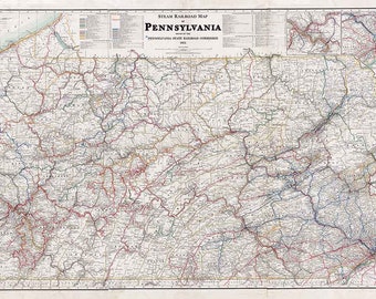 1912 Steam Railroad Map of Pennsylvania Pittsburgh Philadelphia