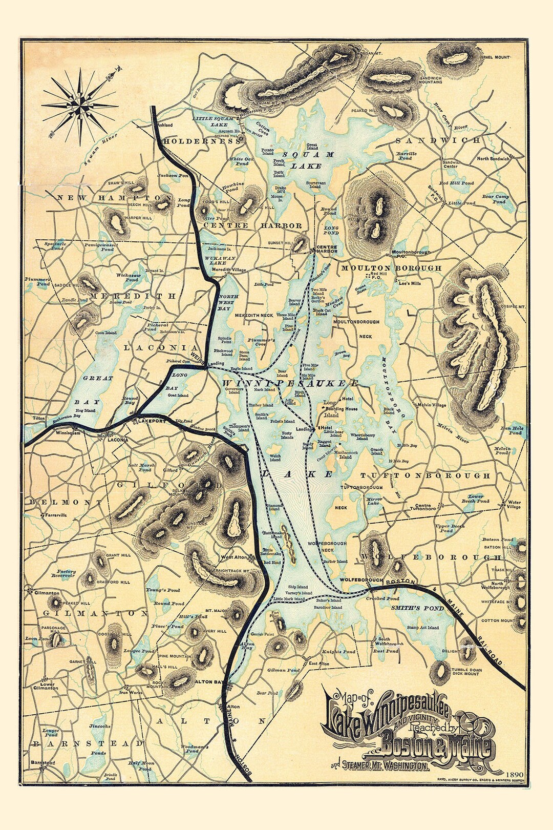 1890 Map of Lake Winnepesaukee New Hampshire and Vicinity