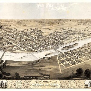 1868 Panoramakarte von Cedar Stromschnellen und Kingston Linn County Iowa