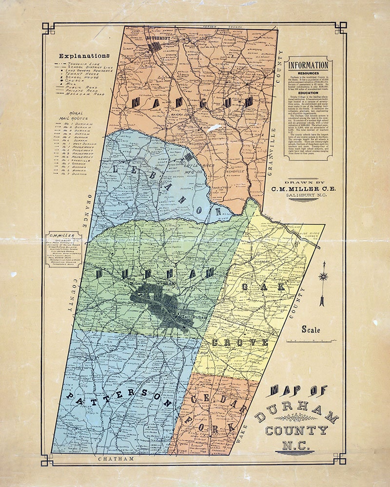 Map Of Durham County Nc 1910 Map Of Durham County North Carolina - Etsy