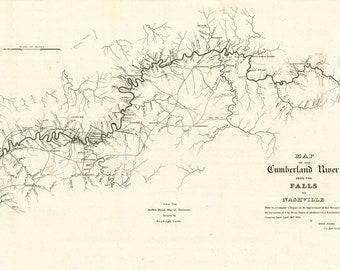 May include: A black and white map of the Cumberland River from the Falls to Nashville, Tennessee. The map was made to accompany a Report on the Improvement of that River by the Engineer Corps of the U.S. Army in adherence to a Resolution of Congress dated April 18, 1824.