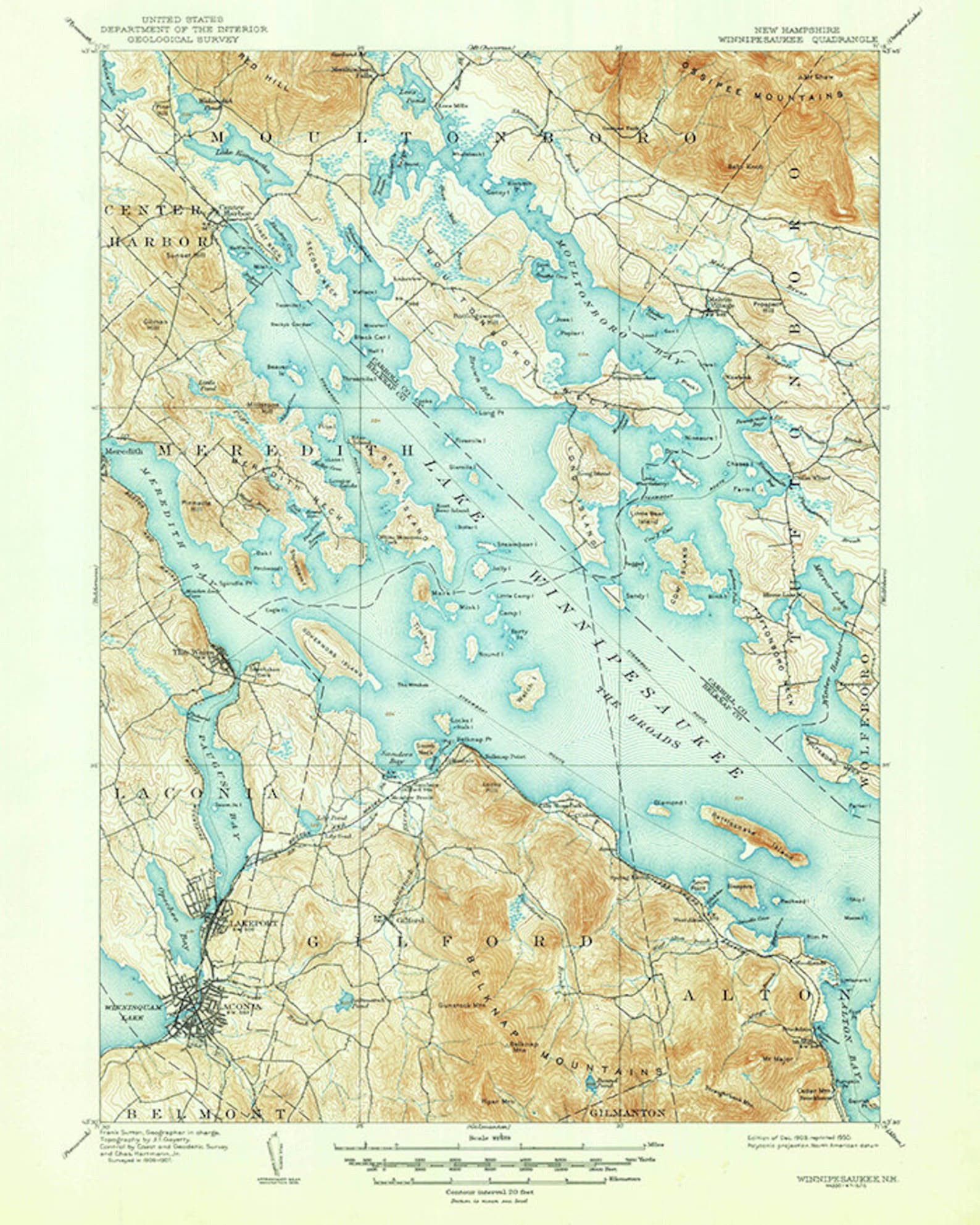 1909 Topo Map of Lake Winnipesaukee New Hampshire - Etsy