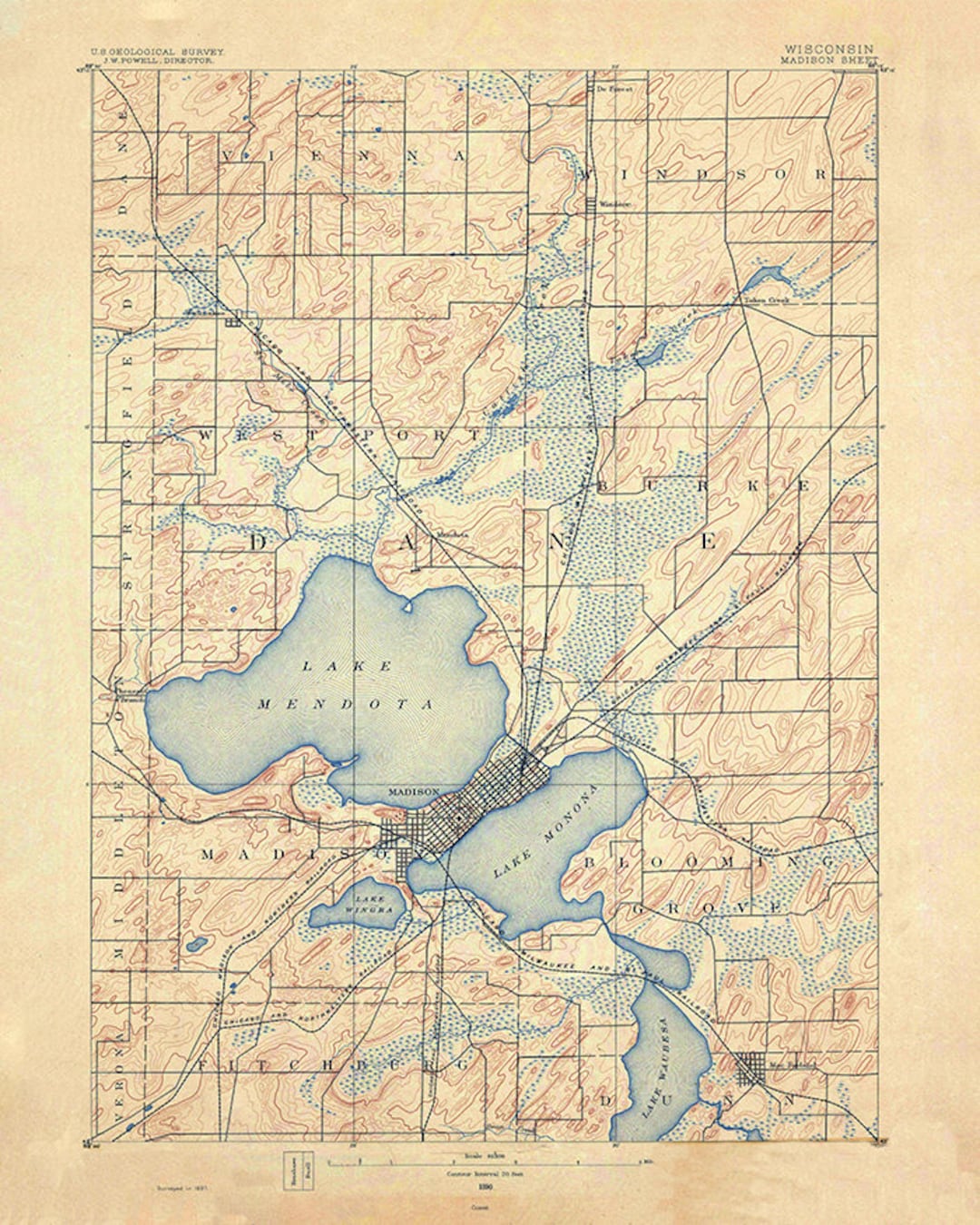 1890 Topo Map of Madison Wisconsin Quadrangle Lake Mendota Monona Etsy