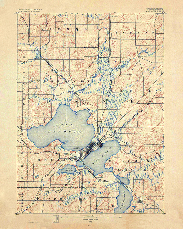 Wisconsin Topographic Lake Maps 1890 Topo Map Of Madison Wisconsin Quadrangle Lake Mendota | Etsy Uk