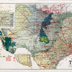 1919 Mappa delle condutture e delle raffinerie dei giacimenti di petrolio e gas del Texas