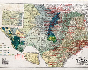 Kaart uit 1919 van de olie- en gasvelden in Texas, pijpleidingen en raffinaderijen