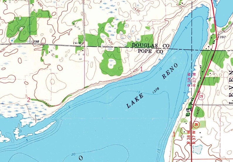 1968 Map of Lake Reno Douglas and Pope County Minnesota Maple Turtle ...
