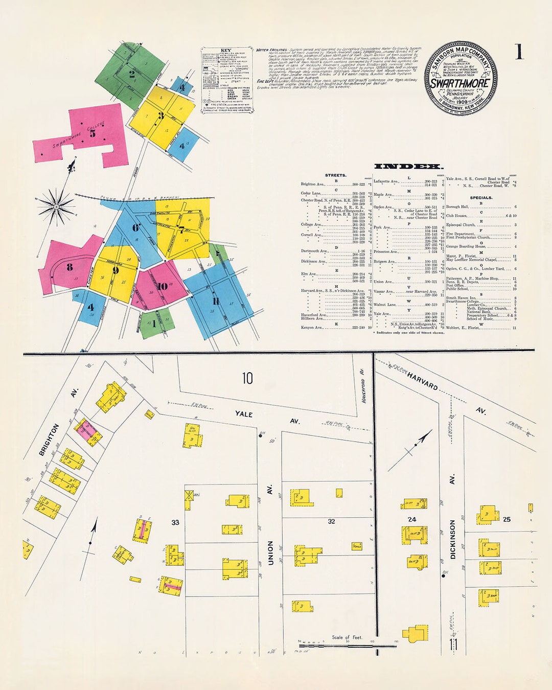 1909 Town Map of Swarthmore Delaware County Pennsylvania Etsy